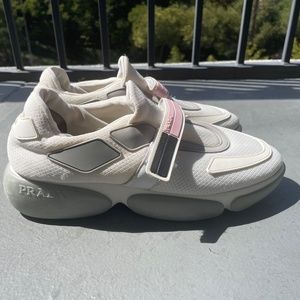 PRADA Cloudbust Knit Sneakers White Velcro Gray